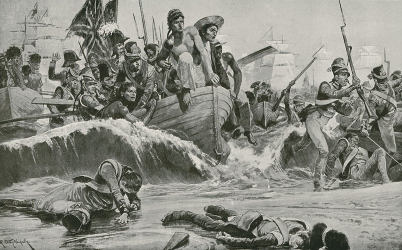 Las tropas británicas fuerzan un desembarco en la bahía de Aboukir frente a las baterías francesas de Richard Caton Woodville junior