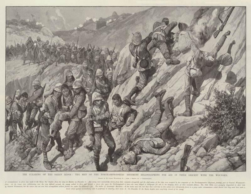 La limpieza de la cresta de Saran, los hombres del Regimiento de Northamptonshire heliografiando para pedir ayuda en su descenso con los heridos de Richard Caton Woodville junior