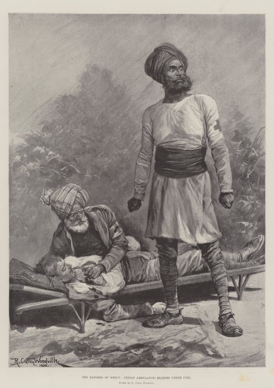 Los peligros de la misericordia, camilleros indios bajo fuego de Richard Caton Woodville junior