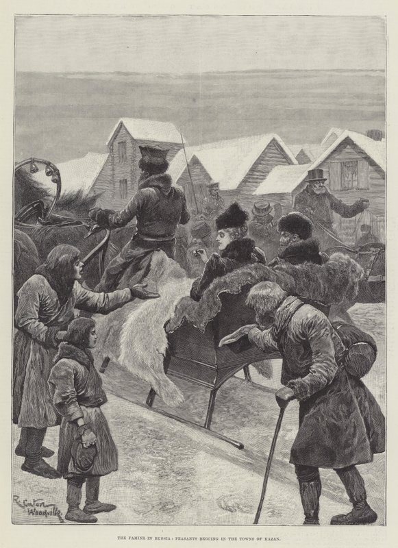 La hambruna en Rusia, campesinos mendigando en las ciudades de Kazán de Richard Caton Woodville junior