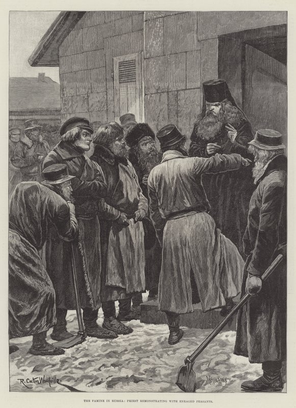 La hambruna en Rusia, sacerdote reprendiendo a campesinos enfurecidos de Richard Caton Woodville junior