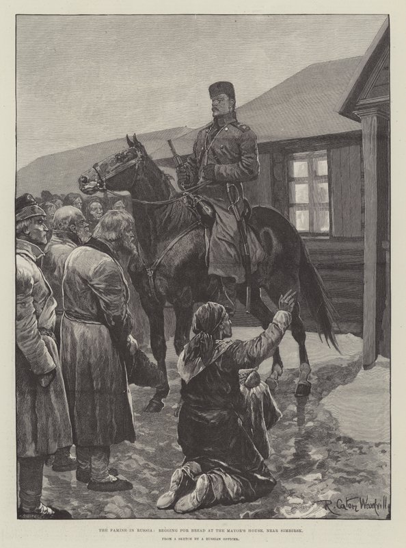 La hambruna en Rusia, mendigando pan en la casa del alcalde, cerca de Simbirsk de Richard Caton Woodville junior