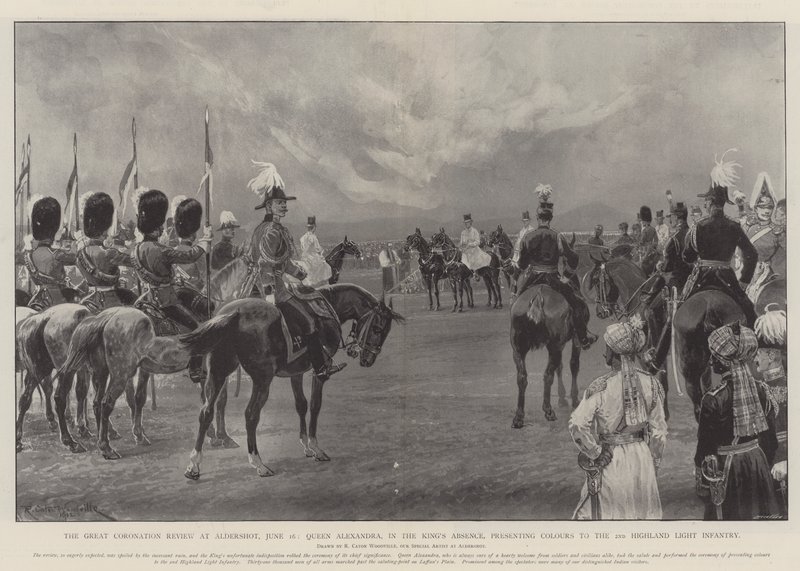 La gran revisión de la coronación en Aldershot, 16 de junio, la reina Alexandra, en ausencia del rey, presentando colores al 2º de Infantería Ligera de las Tierras Altas de Richard Caton Woodville junior