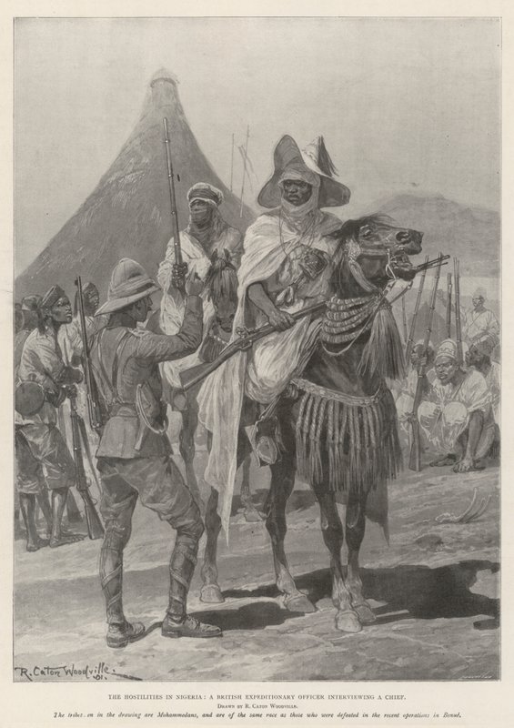 Las hostilidades en Nigeria, un oficial expedicionario británico entrevistando a un jefe de Richard Caton Woodville junior