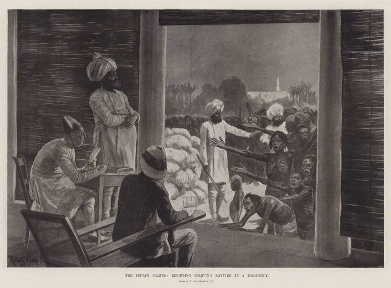 La hambruna en la India, socorriendo a los nativos hambrientos en una residencia de Richard Caton Woodville junior