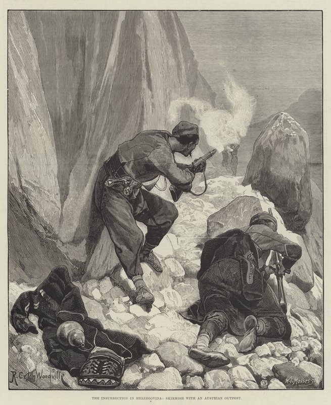La insurrección en Herzegovina, escaramuza con un puesto avanzado austriaco de Richard Caton Woodville junior