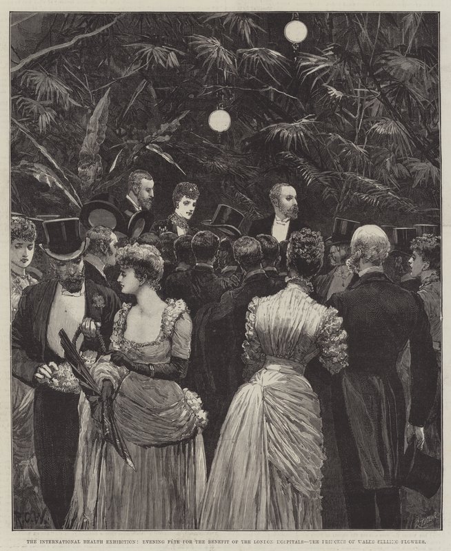 Exposición Internacional de Salud, Fiesta Nocturna en Beneficio de los Hospitales de Londres, la Princesa de Gales vendiendo flores de Richard Caton Woodville junior