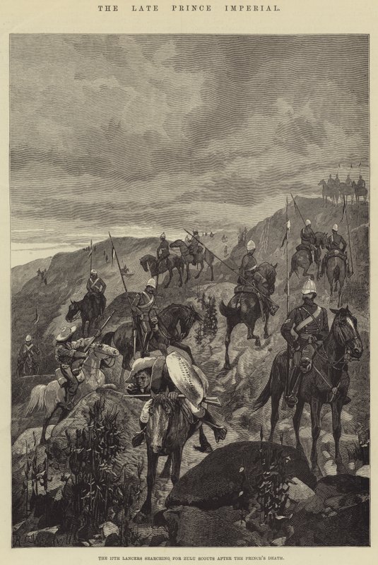 El Príncipe Imperial Fallecido, los Lanceros del 17º Buscando Exploradores Zulúes después de la Muerte del Príncipe de Richard Caton Woodville junior