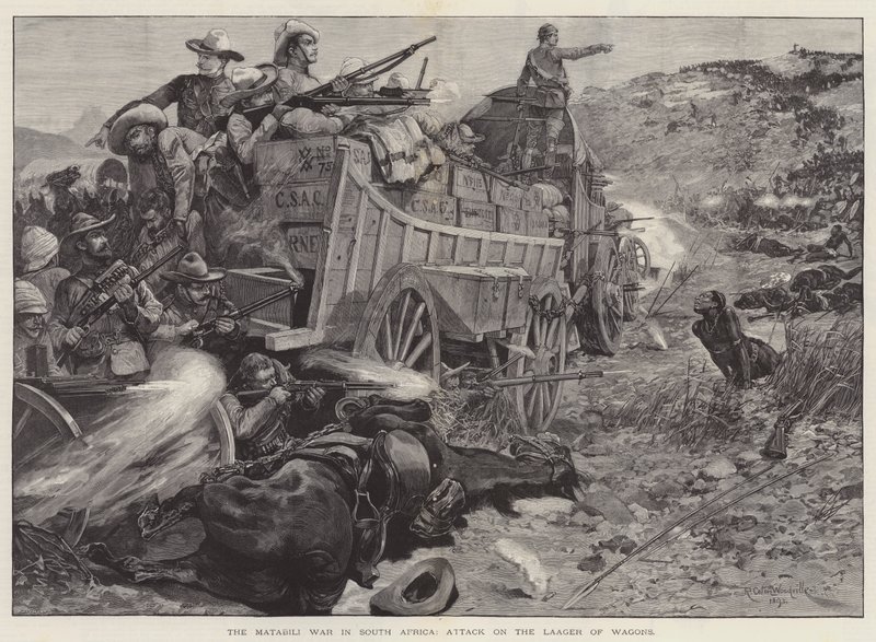 La Guerra Matabili en Sudáfrica, Ataque al Campamento de Carros de Richard Caton Woodville junior