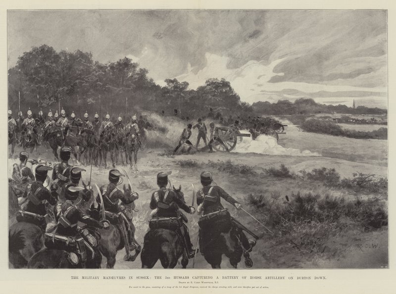 Las maniobras militares en Sussex, los 3º Húsares capturando una batería de artillería a caballo en Burton Down de Richard Caton Woodville junior