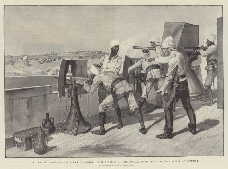 El Avance en Sudán, regresando a Berber, disparando Maxims a los Caballos Baggara después del Bombardeo de Metemmeh de Richard Caton Woodville junior