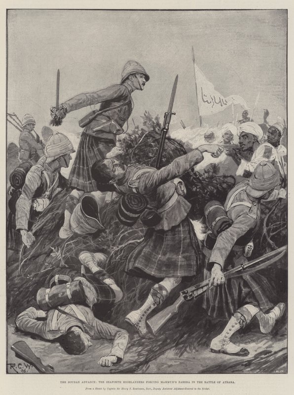 El avance de Sudán, los Seaforth Highlanders forzando la Zareba de Mahmud en la Batalla de Atbara de Richard Caton Woodville junior