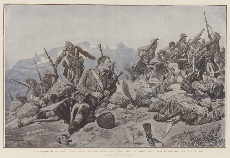 El asalto a la cresta de Dargai por los Gordon Highlanders, el gaitero Findlater continuando tocando a pesar de estar herido en ambas piernas de Richard Caton Woodville junior
