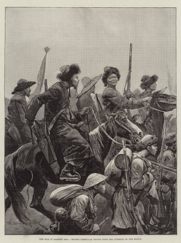 La guerra en Asia Oriental, tropas irregulares chinas del interior en marcha de Richard Caton Woodville junior
