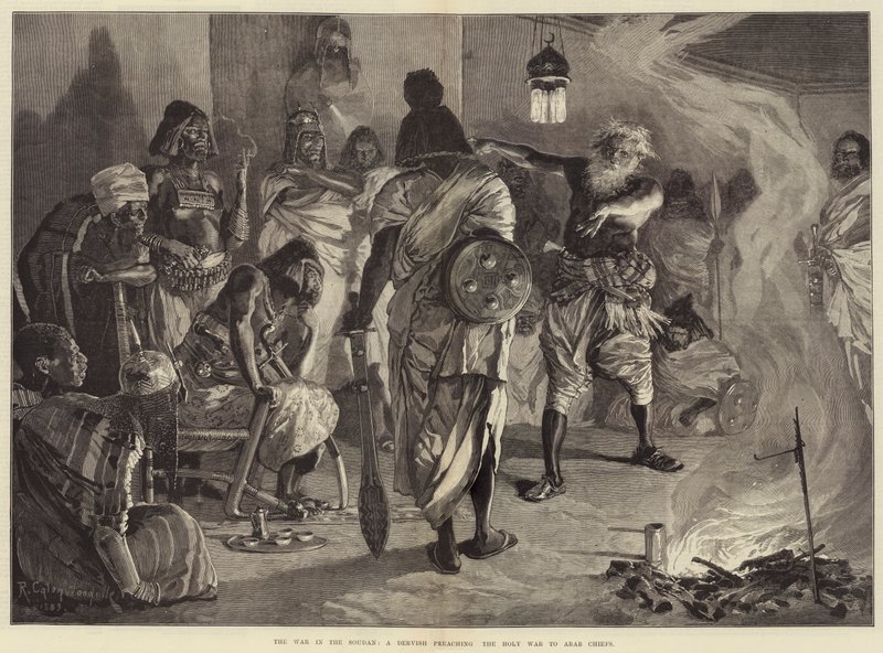 La guerra en Sudán, un derviche predicando la Guerra Santa a los jefes árabes de Richard Caton Woodville junior