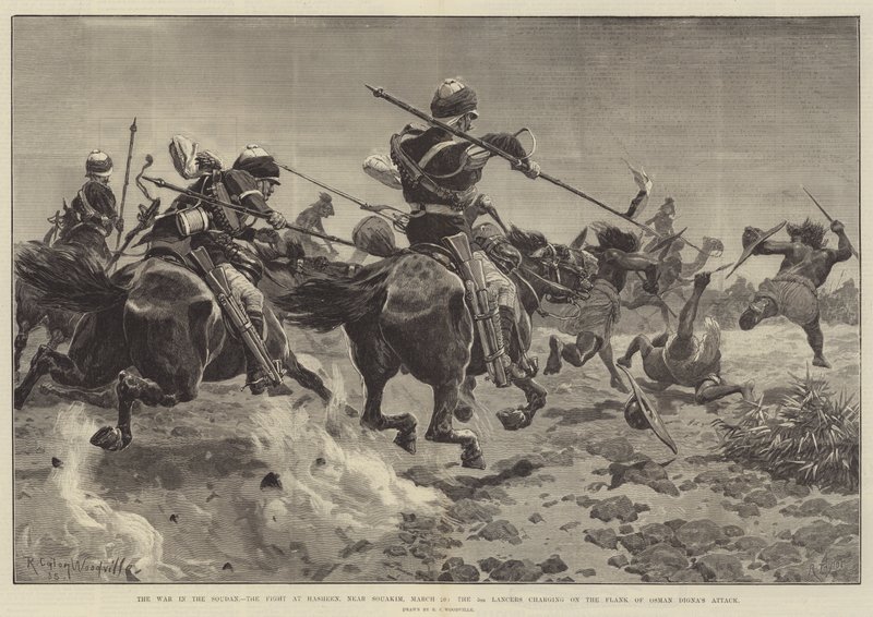 La guerra en Sudán, la lucha en Hasheen, cerca de Souakim, 20 de marzo, los lanceros del 5º cargando en el flanco del ataque de Osman Digna de Richard Caton Woodville junior