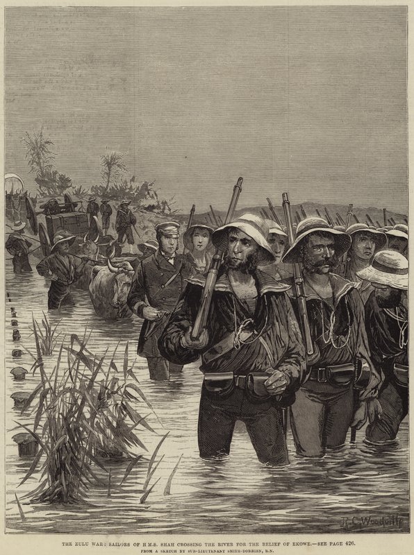 La guerra zulú, marineros del HMS Shah cruzando el río para el alivio de Ekowe de Richard Caton Woodville junior