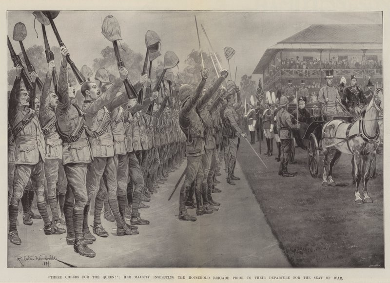 ¡Tres Vivas por la Reina!, Su Majestad Inspeccionando la Brigada de la Casa Antes de su Partida hacia el Frente de Guerra de Richard Caton Woodville junior
