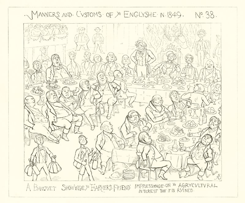 1849, Un banquete mostrando al amigo de los agricultores impresionando en el interés agrícola que está arruinado de Richard Doyle