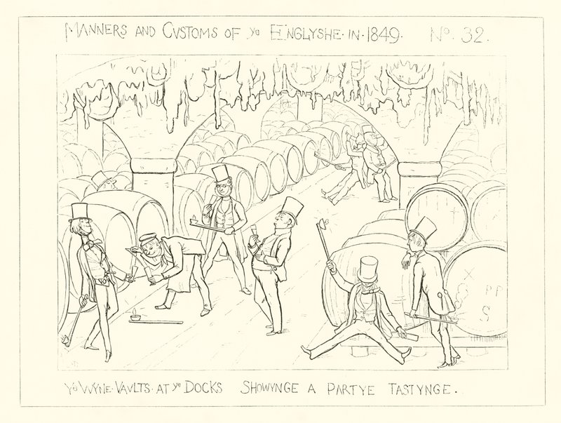 1849, Las bodegas de vino en los muelles, mostrando una fiesta degustando de Richard Doyle