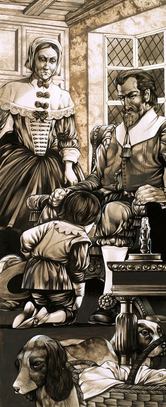 Un niño del siglo XVII se arrodilla ante su padre en penitencia (gouache sobre papel) de Richard Hook