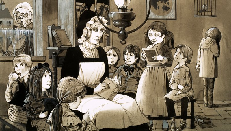 Una "Dame School" de la década de 1830 (gouache sobre papel) de Richard Hook