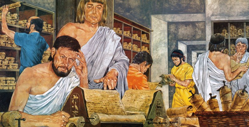 Eruditos trabajando en la famosa biblioteca de Alejandría de Richard Hook