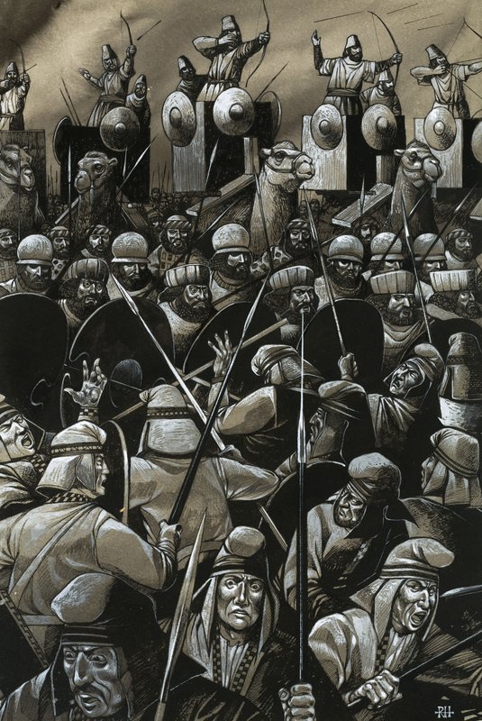 Batalla no identificada con espadachines y arqueros de Richard Hook