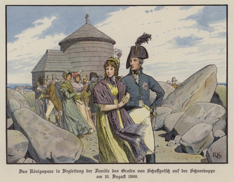 El Rey Federico Guillermo III y la Reina Luisa de Prusia en compañía de la familia del Conde von Schaffgotsch en el Schneekoppe, Agosto de 1800 de Richard Knotel