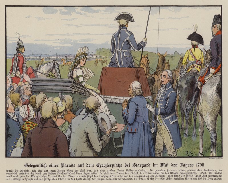 Reina Luisa de Prusia en un desfile en el campo de desfile en Stargard, mayo de 1798 de Richard Knotel