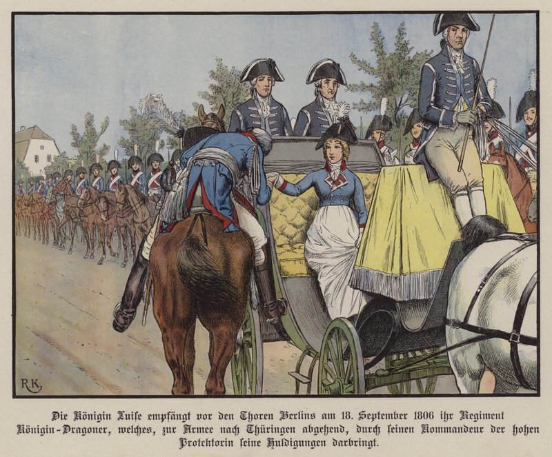La Reina Luisa de Prusia revisando su regimiento de Dragones, Berlín de Richard Knotel