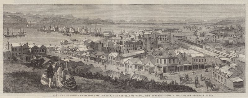 Parte de la ciudad y el puerto de Dunedin, la capital de Otago, Nueva Zelanda de Richard Principal Leitch