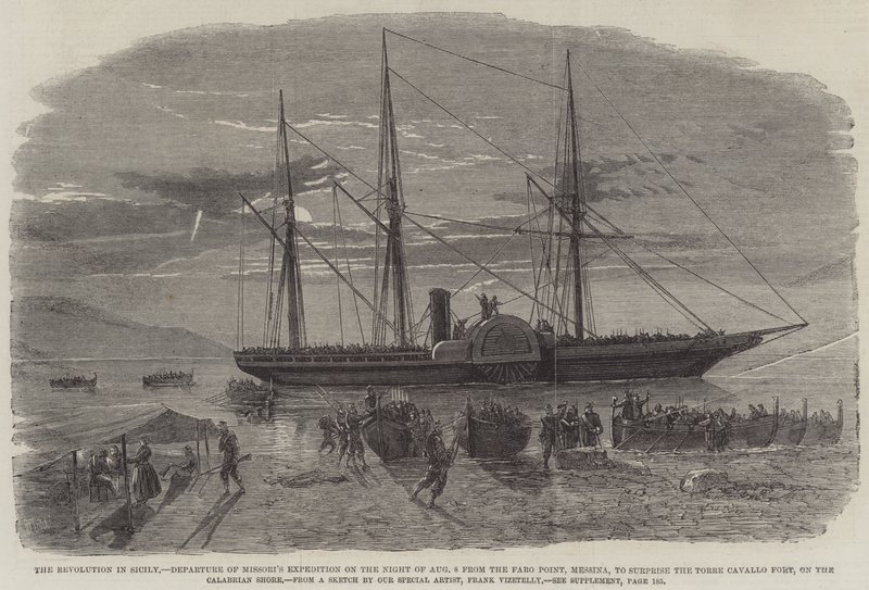 La revolución en Sicilia, salida de la expedición de Missori en la noche del 8 de agosto desde Faro Point, Messina, para sorprender el fuerte Torre Cavallo, en la costa calabresa de Richard Principal Leitch