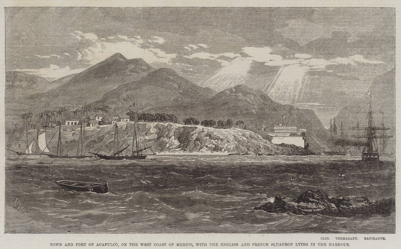Ciudad y Fuerte de Acapulco, en la costa oeste de México, con el escuadrón inglés y francés en el puerto de Richard Principal Leitch