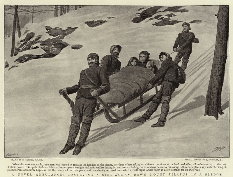 Una ambulancia novedosa, transportando a una mujer enferma por el Monte Pilatus en un trineo de Robert Barnes