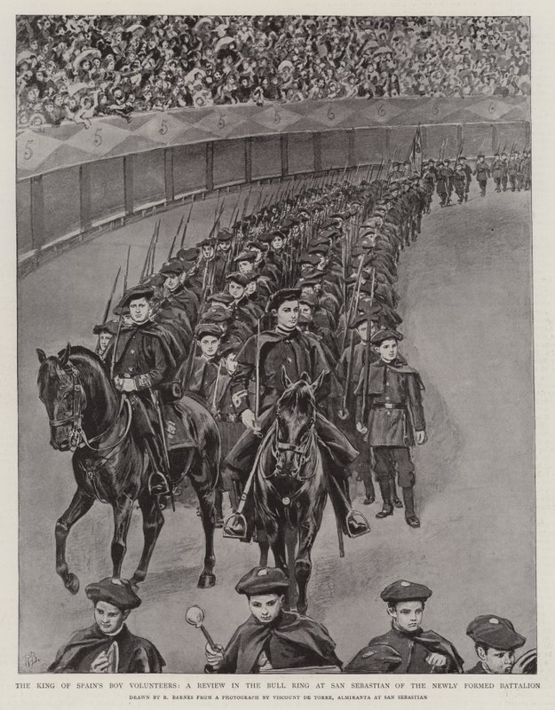 Los Voluntarios Jóvenes del Rey de España, una revisión en la Plaza de Toros de San Sebastián del Batallón Recién Formado de Robert Barnes