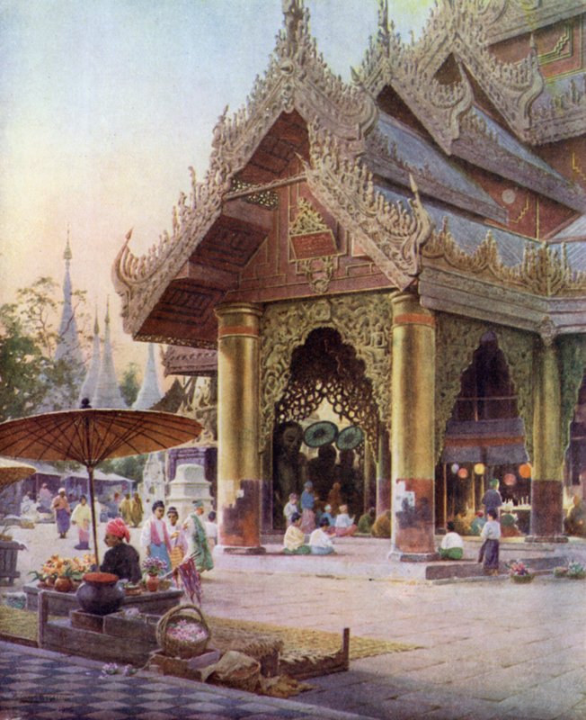 Santuario en la plataforma de la pagoda Shwedagon, Rangún, Birmania 1905 de Robert George Talbot Kelly