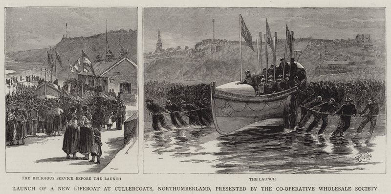 Lanzamiento de un nuevo bote salvavidas en Cullercoats, Northumberland, presentado por la Sociedad Cooperativa Mayorista de Robert Jobling