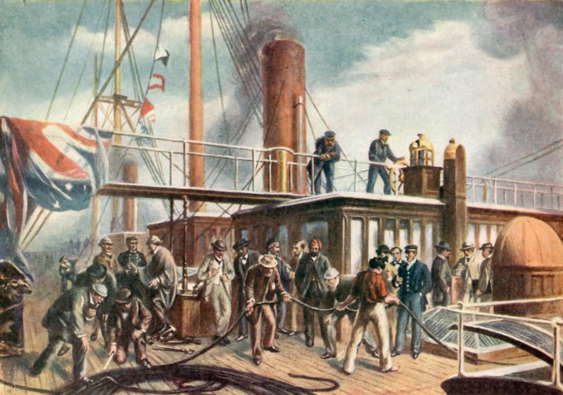 El Great Eastern recupera el cable perdido del Atlántico (litografía en color) de Robert (after) Dudley