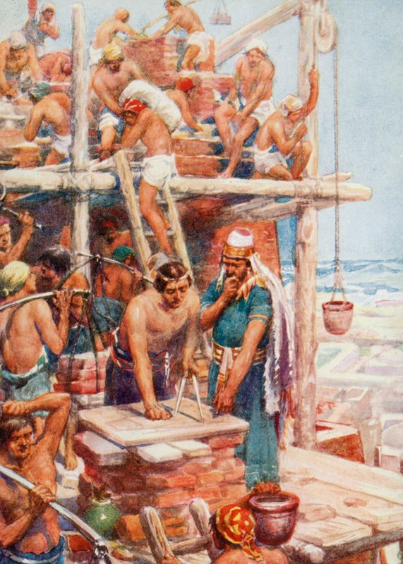 Construyendo la Torre de Babel (litografía en color) de Robert Ambrose (after) Dudley