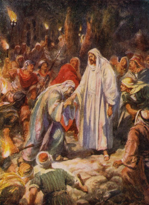 Jesucristo traicionado por Judas (litografía en color) de Robert Ambrose (after) Dudley