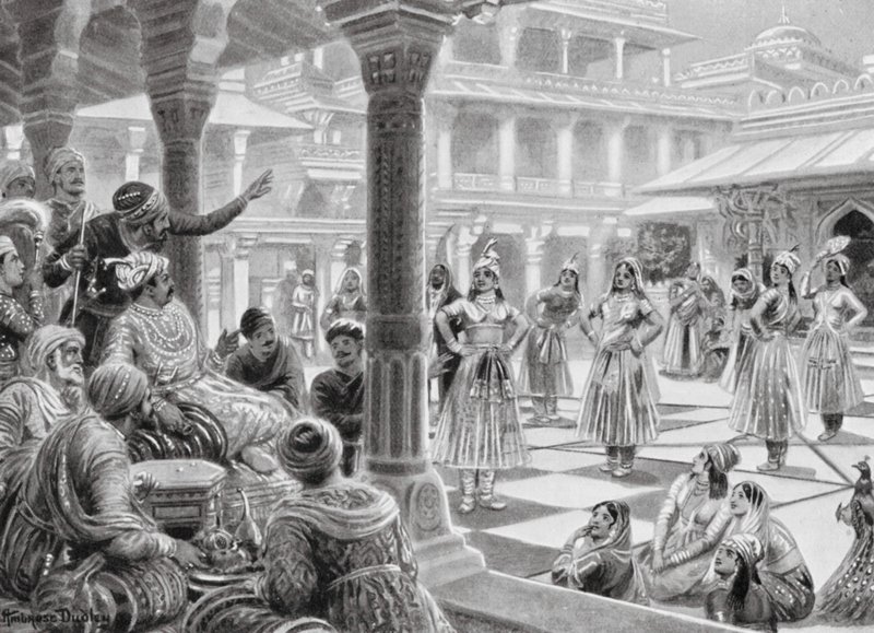 Akbar juega a las damas con piezas vivas en Fatehpur Sikri de Robert Ambrose Dudley