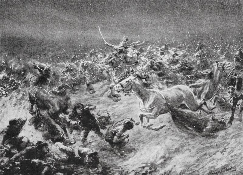 Derrota de los hunos blancos por Anushirwan en 560 d.C. (litografía) de Robert Ambrose Dudley