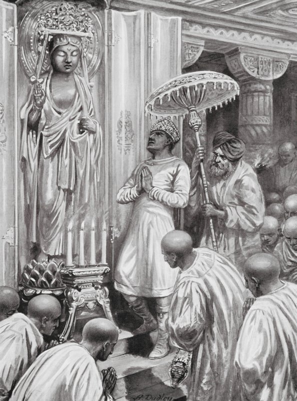 Kanishka inaugura el budismo mahayana (septentrional), 100 d.C. (litografía) de Robert Ambrose Dudley