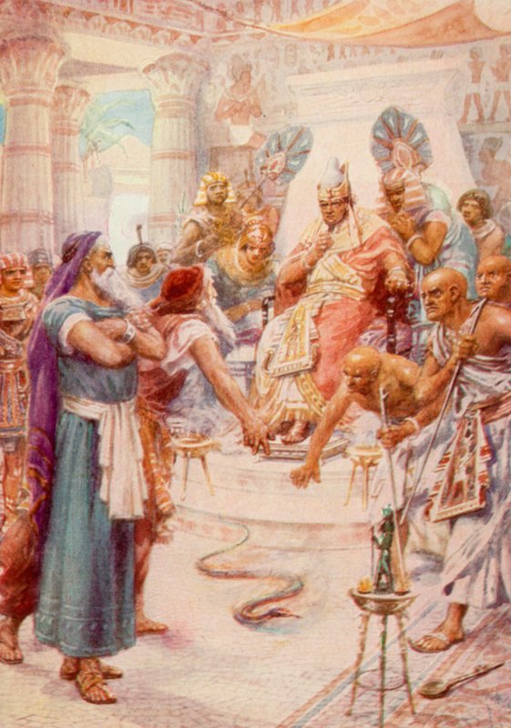 Moisés y Aarón ante el Faraón (litografía en color) de Robert Ambrose Dudley