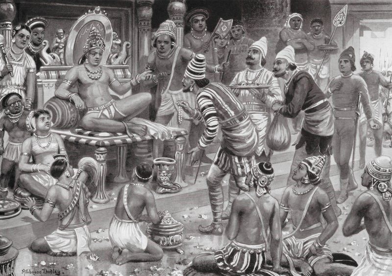 Pulikesin II, el Chalukhya, recibe a los enviados de Persia (litografía) de Robert Ambrose Dudley