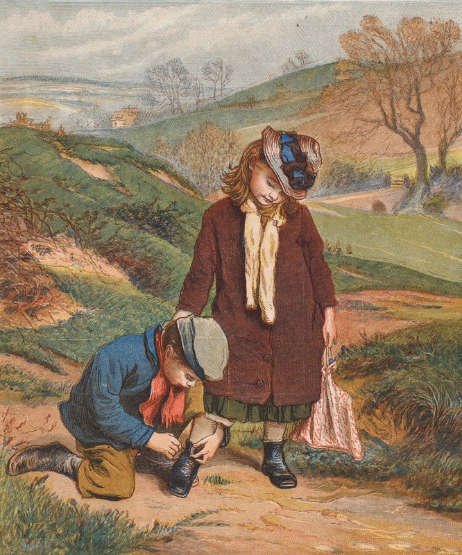 Un amigo en apuros, un niño atando los zapatos de una niña (litografía en color) de Robert Barnes