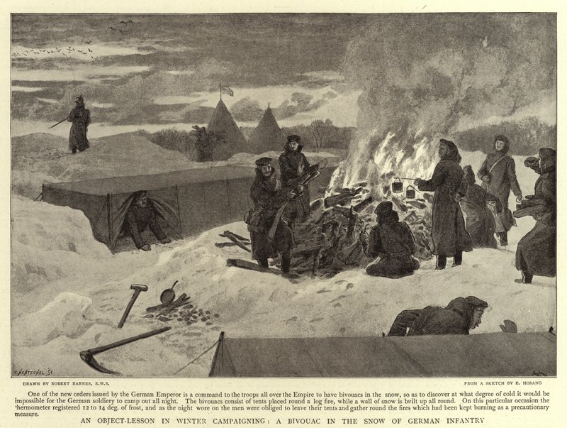 Una Lección de Objetos en la Campaña de Invierno, Un Bivouac en la Nieve de la Infantería Alemana de Robert Barnes