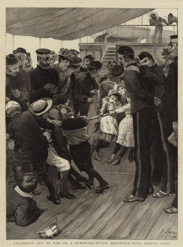 Tira y afloja infantil en un barco de tropas de regreso a casa, niños contra niñas de Robert Barnes