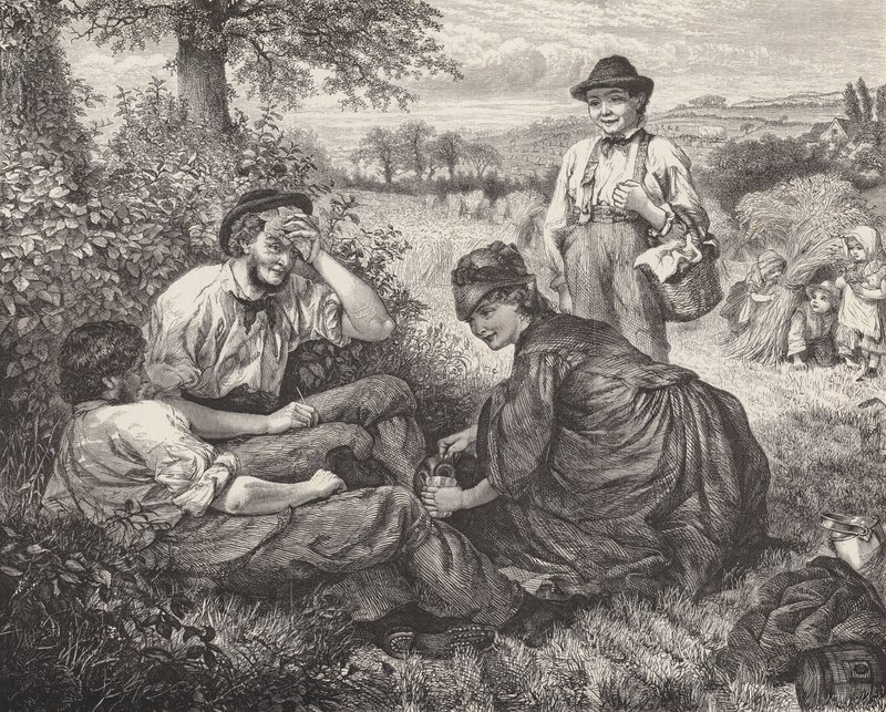 Campesinos descansando durante la cosecha (grabado) de Robert Barnes